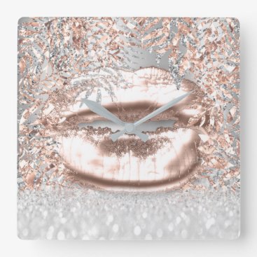 Pink Rose Gold Spark Floral Glitter Lips Gray Square Wall Clock