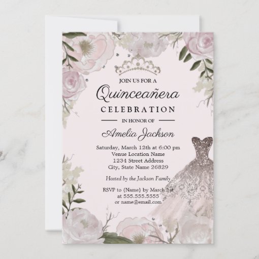 Pink Rose Gold Sparkle Dress Floral Quinceanera Invitation | Zazzle