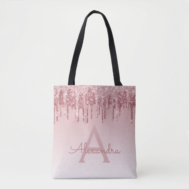 Pink Rose Gold Sparkle Elegant Monogram Book Bag (Front)