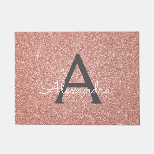 Pink _ Rose Gold Sparkle Glitter Monogram Name Doormat