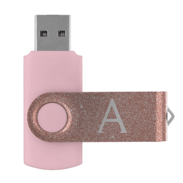 Pink Rose Gold Sparkle Glitter Monogram Name Flash Drive (Opened)