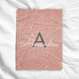 Pink Rose Gold Sparkle Glitter Monogram Name Fleece Blanket