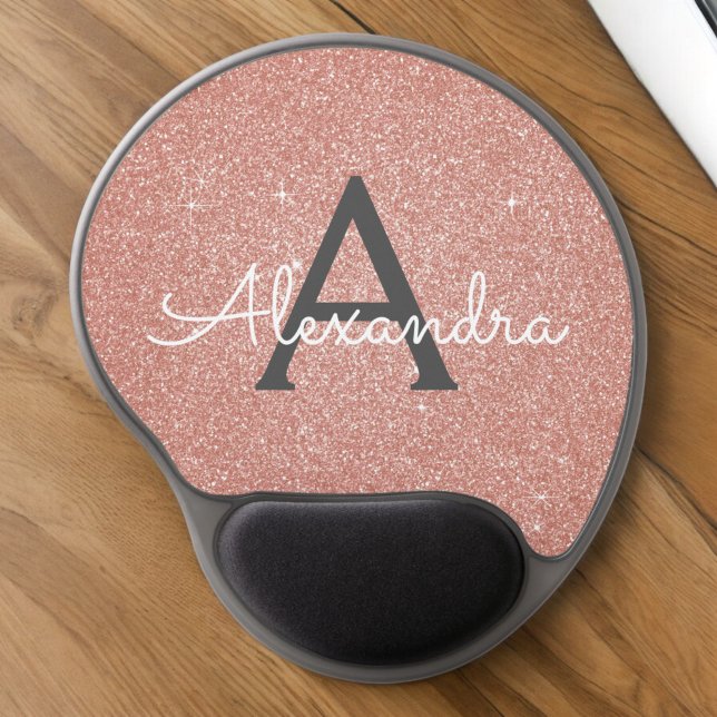 Pink Rose Gold Sparkle Glitter Monogram Name Gel Mouse Pad (Creator Uploaded)