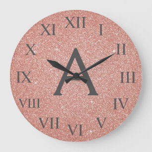Pink Rose Gold Sparkle Glitter Monogram Name Large Clock