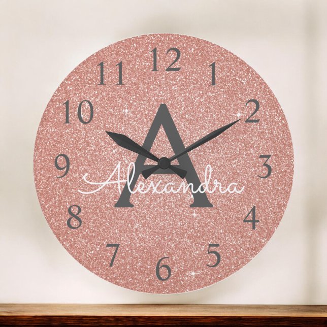 Pink Rose Gold Sparkle Glitter Monogram Name Large Clock (Creator Uploaded)