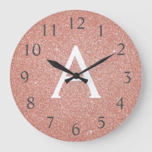 Pink Rose Gold Sparkle Glitter Monogram Name Large Clock