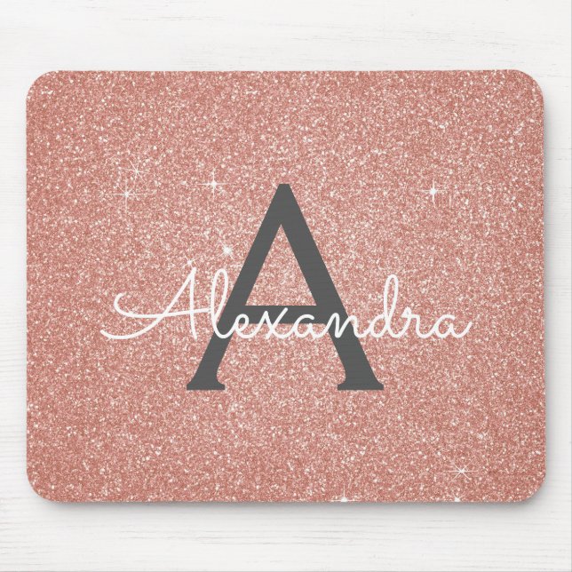 Pink Rose Gold Sparkle Glitter Monogram Name Mouse Pad (Front)