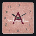 Pink - Rose Gold Sparkle Glitter Monogram Name Square Wall Clock<br><div class="desc">Blush Pink - Rose Gold and Burgundy Sparkle Glitter Monogram Name and Initial Serving Wall Clock. The Wall Clock makes the perfect gift for someone who loves pink sparkle glitter.</div>