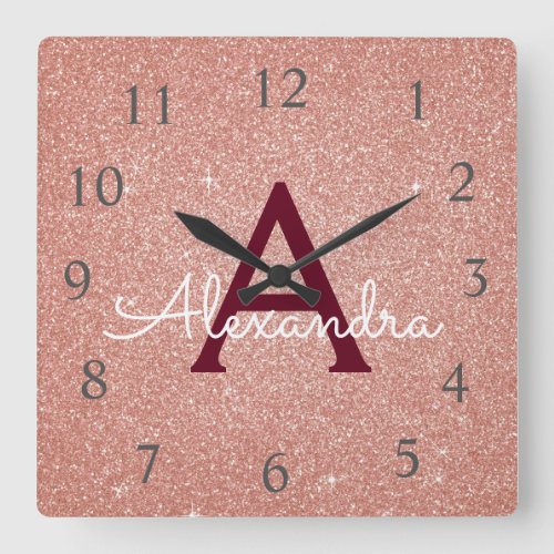 Pink _ Rose Gold Sparkle Glitter Monogram Name Square Wall Clock