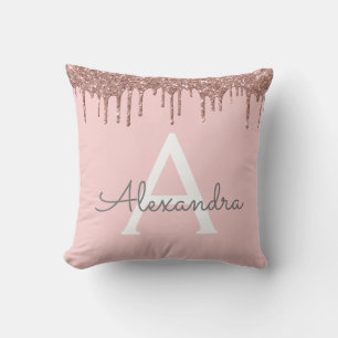 Pink Rose Gold Sparkle Glitter Monogram Name Throw Pillow
