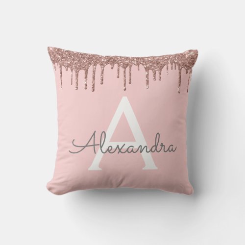 Pink Rose Gold Sparkle Glitter Monogram Name Throw Pillow