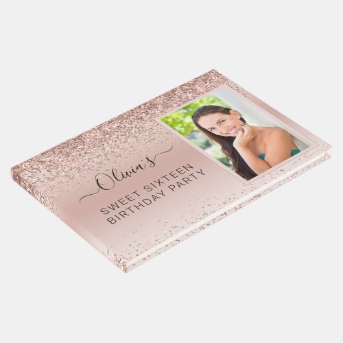 Pink Rose Gold Sparkle Glitter Photo 16th Birthday Guest Book