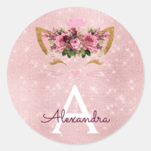 Pink Rose Gold Sparkle Kitty Monogram Birthday Classic Round Sticker