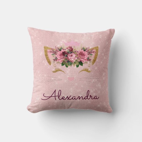 Pink Rose Gold Sparkle Kitty Monogram Room Decor Throw Pillow
