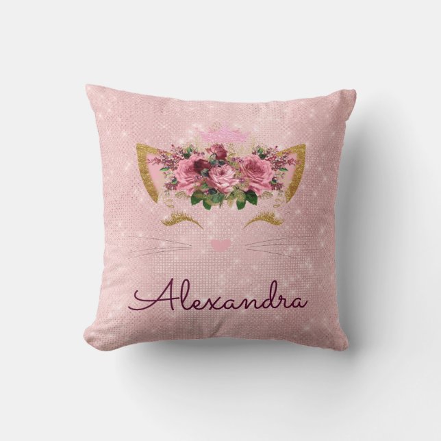 Pink Rose Gold Sparkle Kitty Monogram Room Decor Throw Pillow (Front)