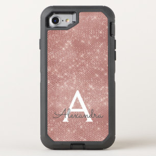 Pink Rose Gold Sparkle Modern Monogram Name OtterBox Defender iPhone SE/8/7 Case