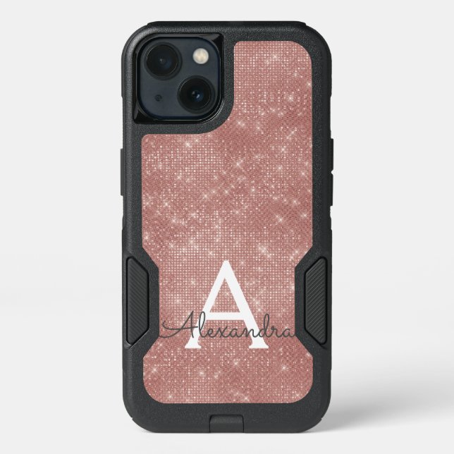 Pink Rose Gold Sparkle Modern Monogram Name Otterbox iPhone Case (Back)