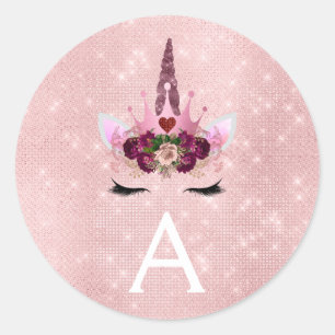 Pink Rose Gold Sparkle Unicorn Monogram Birthday Classic Round Sticker