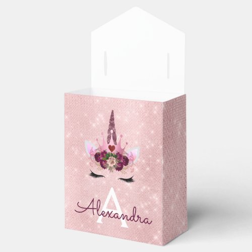 Pink Rose Gold Sparkle Unicorn Monogram Birthday Favor Boxes