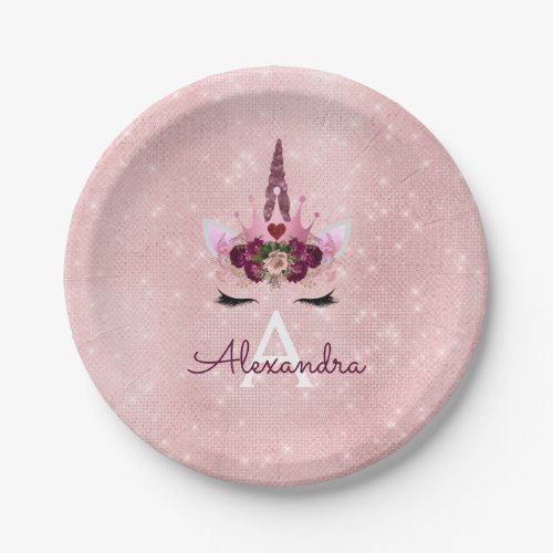 Pink Rose Gold Sparkle Unicorn Monogram Birthday Paper Plates