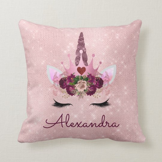 Pink Rose Gold Sparkle Unicorn Monogram Room Decor Throw Pillow