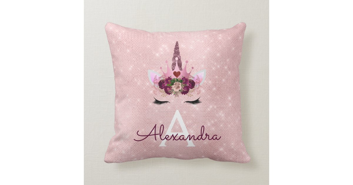 Pink Rose Gold Sparkle Unicorn Monogram Room Decor Throw Pillow
