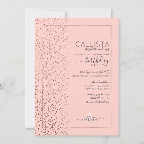 Pink Rose Gold Sparkly Confetti Side Birthday Invitation