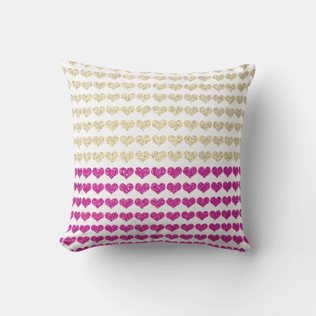 Pink Rose Gold Sparkly Glittery Hearts Patterns Outdoor Pillow (Front)