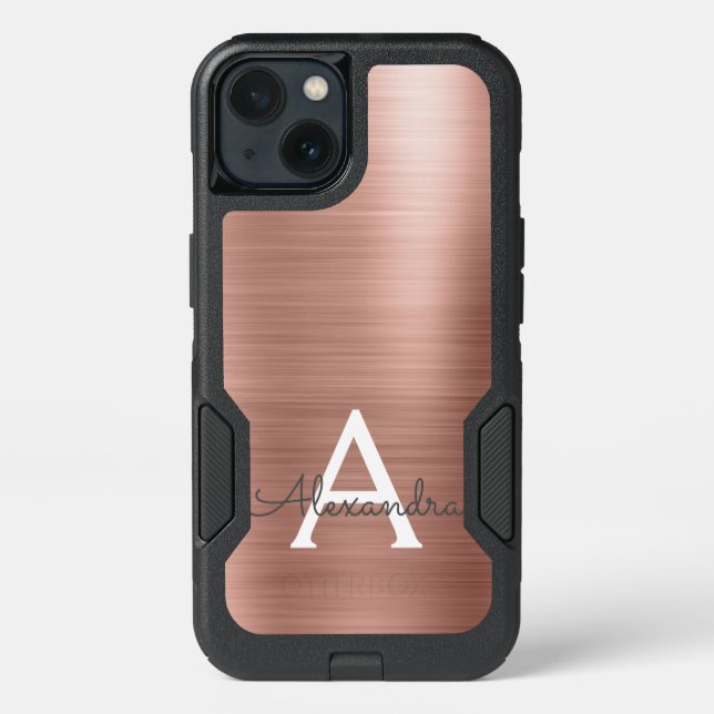 Pink Rose Gold Stainless Steel Monogram Otterbox iPhone Case (Back)