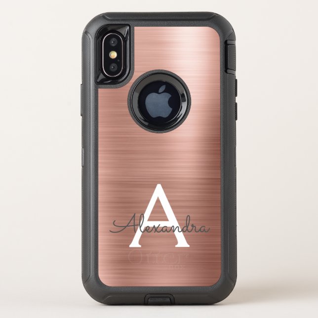 Pink Rose Gold Stainless Steel Monogram Otterbox iPhone Case (Back)