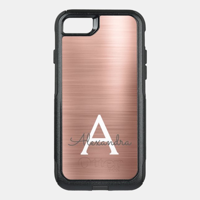 Pink Rose Gold Stainless Steel Monogram Otterbox iPhone Case (Back)