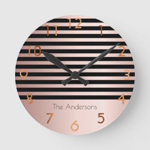 Pink rose gold stripes black monogram round clock