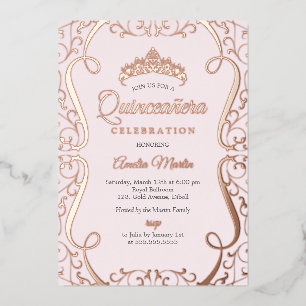 Pink Rose Gold Swirl Elegant Quinceanera  Foil Invitation