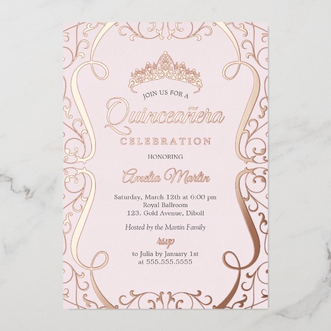 Pink Rose Gold Swirl Elegant Quinceanera  Foil Invitation (Front)