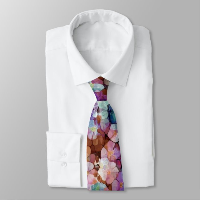 Pink Rose Gold Teal Mosaic Millefiori Flowers Neck Tie (Tied)
