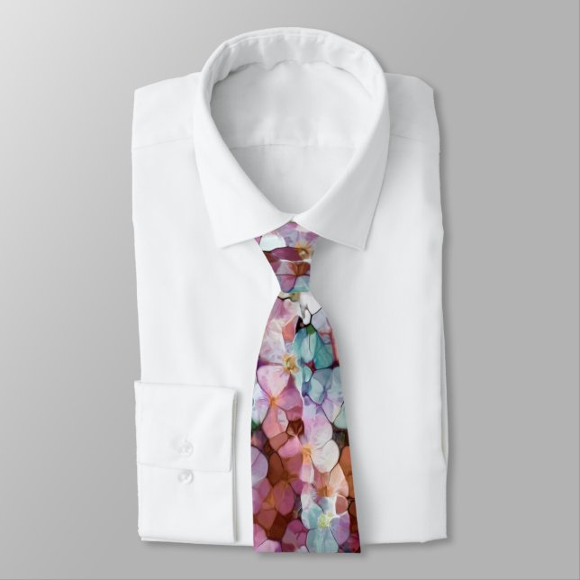 Pink Rose Gold Teal Mosaic Millefiori Flowers Neck Tie (Tied)