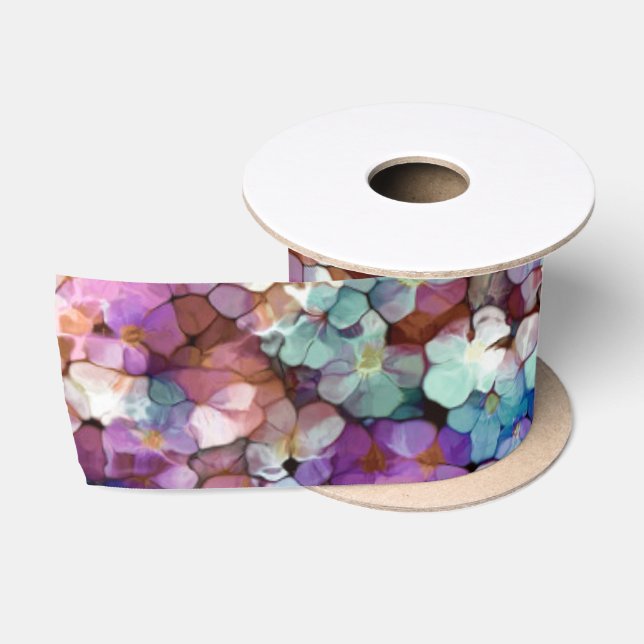 Pink Rose Gold Teal Mosaic Millefiori Flowers Satin Ribbon (Spool)