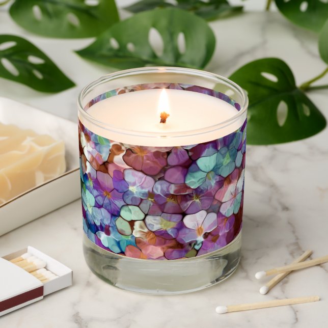 Pink Rose Gold Teal Mosaic Millefiori Flowers Scented Candle (Lit)