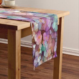 Pink Rose Gold Teal Mosaic Millefiori Flowers Short Table Runner