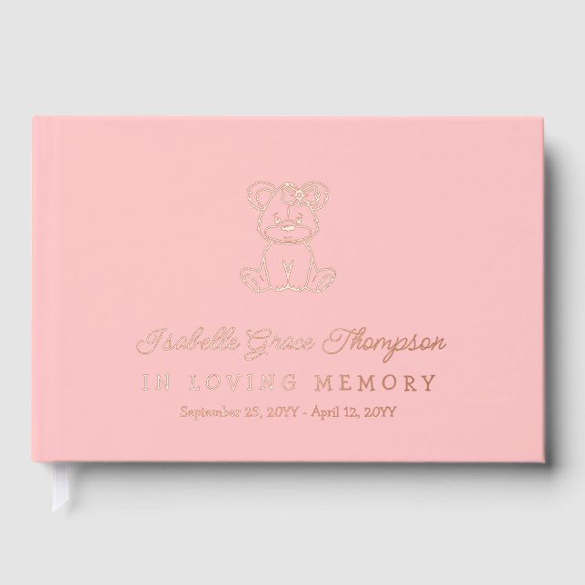 Pink Rose Gold Teddy Bear Girl In Loving Memory Foil Guest Book (Front)