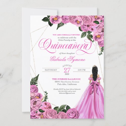 Pink Rose Gold Tiara and Ball Gown Quinceaera Invitation