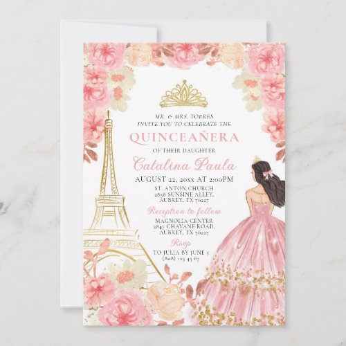 Pink Rose Gold Tiara Paris Quinceaera Invitation