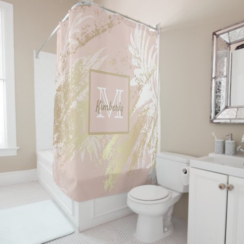 Pink rose gold tropical palm tree leaves white shower curtain