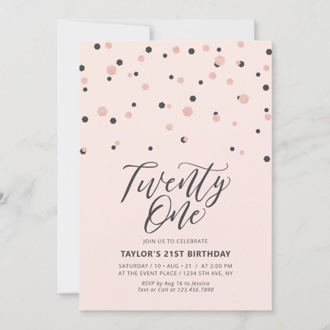 Pink & Rose Gold Twenty One 21st Birthday Party Invitation (Front)