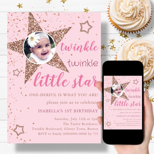 Pink  Rose Gold Twinkle Little Star 1st Birthday  Invitation
