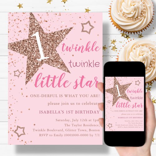 Pink  Rose Gold Twinkle Little Star 1st Birthday  Invitation