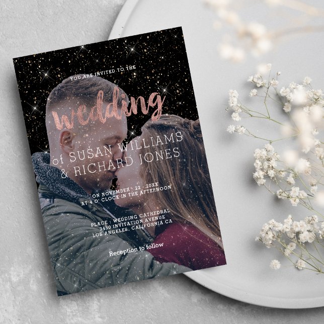 Pink rose gold typo black glitter photo wedding  invitation (Pink rose gold typo black glitter photo wedding)