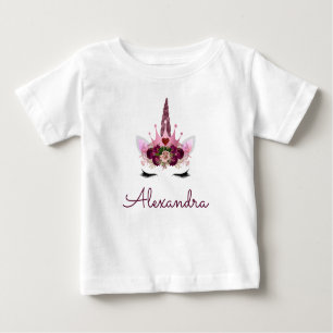 Pink Rose Gold Unicorn Monogram 1st Birthday Baby T-Shirt