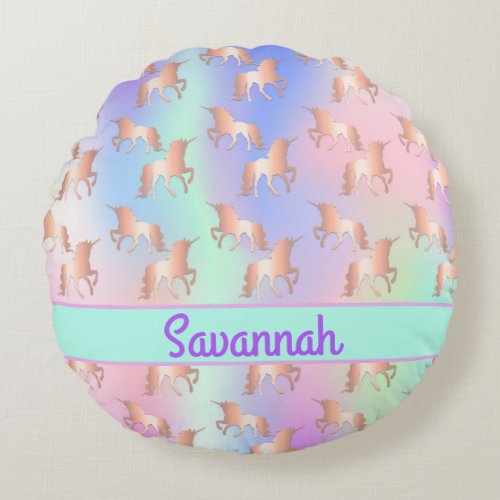 Pink rose gold unicorns mint green monogram round pillow