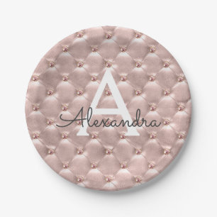 Pink Rose Gold Vintage Jewel Monogram Birthday Paper Plates